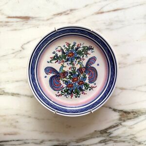 Vintage Hand Painted Mediterranean Style Floral Plate Wall Decor  w Hanger